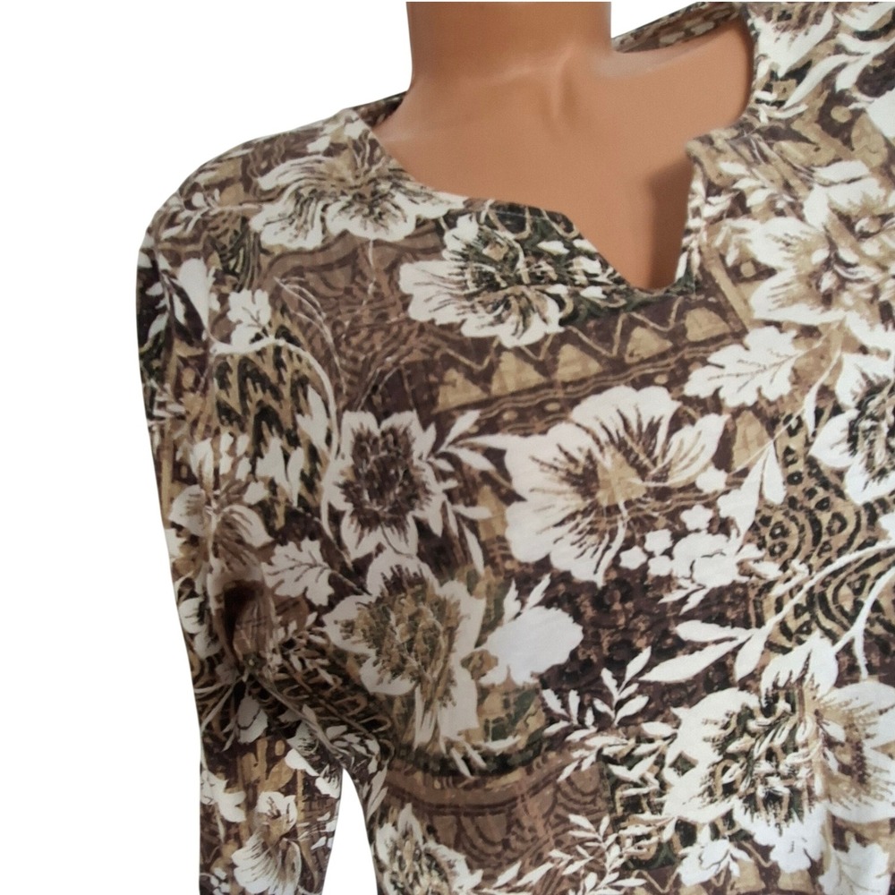 Woman Within Floral Tunic Women 18/20 L Brown White Excellent 3/4 Sleeve V-Neck